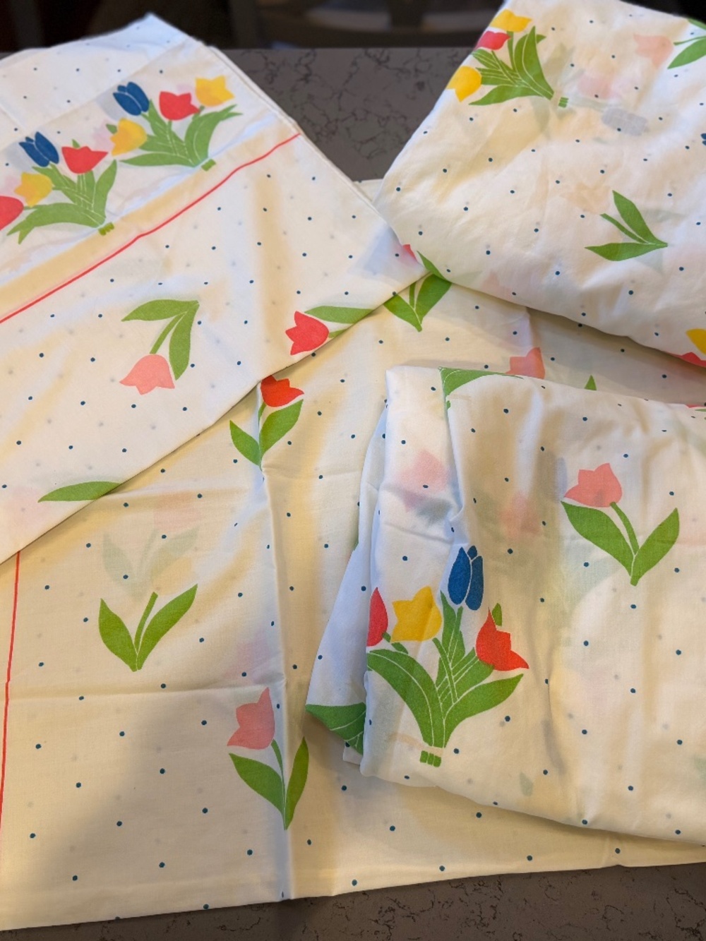 Vintage Cannon Monticello Medley Tulips Sheet Set Retro Polka Dot